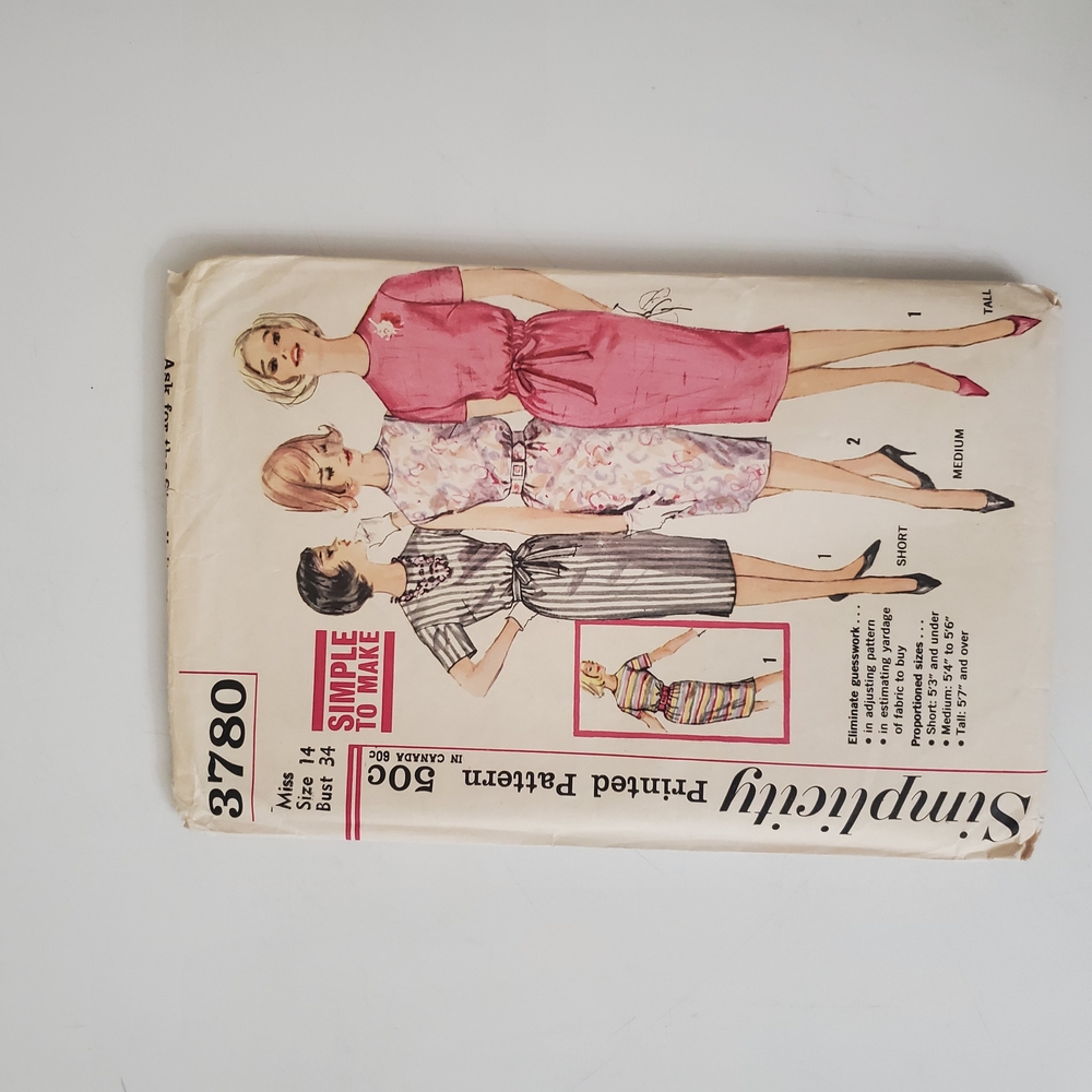 1960s Vintage Simplicity 3780 Sewing Pattern for Dresses
